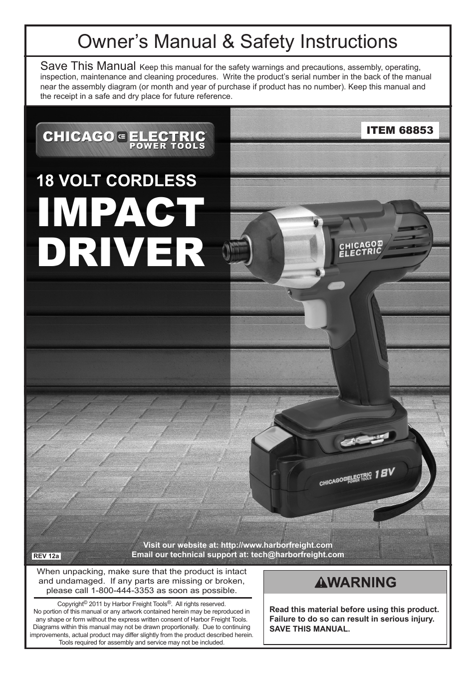 Chicago Electric 18 Volt Corldess Impact Driver 68853 User Manual | 12 pages