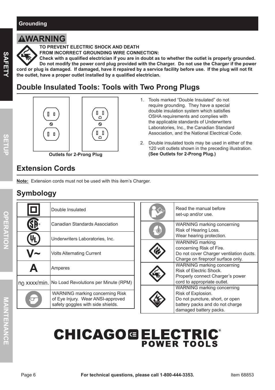 Double insulated tools: tools with two prong plugs, Extension cords, Symbology | Safety opera tion maintenance setup | Chicago Electric 18 Volt Corldess Impact Driver 68853 User Manual | Page 6 / 12