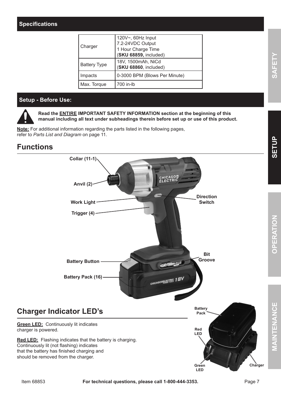 Functions, Charger indicator led’s, Safety opera tion maintenance setup | Chicago Electric 18 Volt Corldess Impact Driver 68853 User Manual | Page 7 / 12
