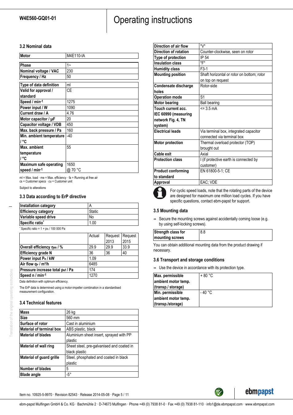 Operating instructions | ebm-papst W4E560-GQ01-01 User Manual | Page 5 / 11