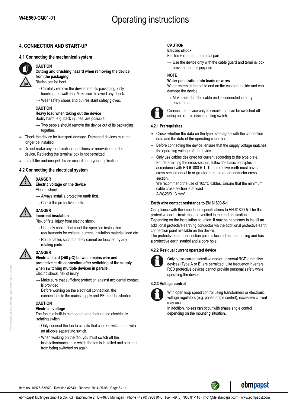 Operating instructions | ebm-papst W4E560-GQ01-01 User Manual | Page 6 / 11