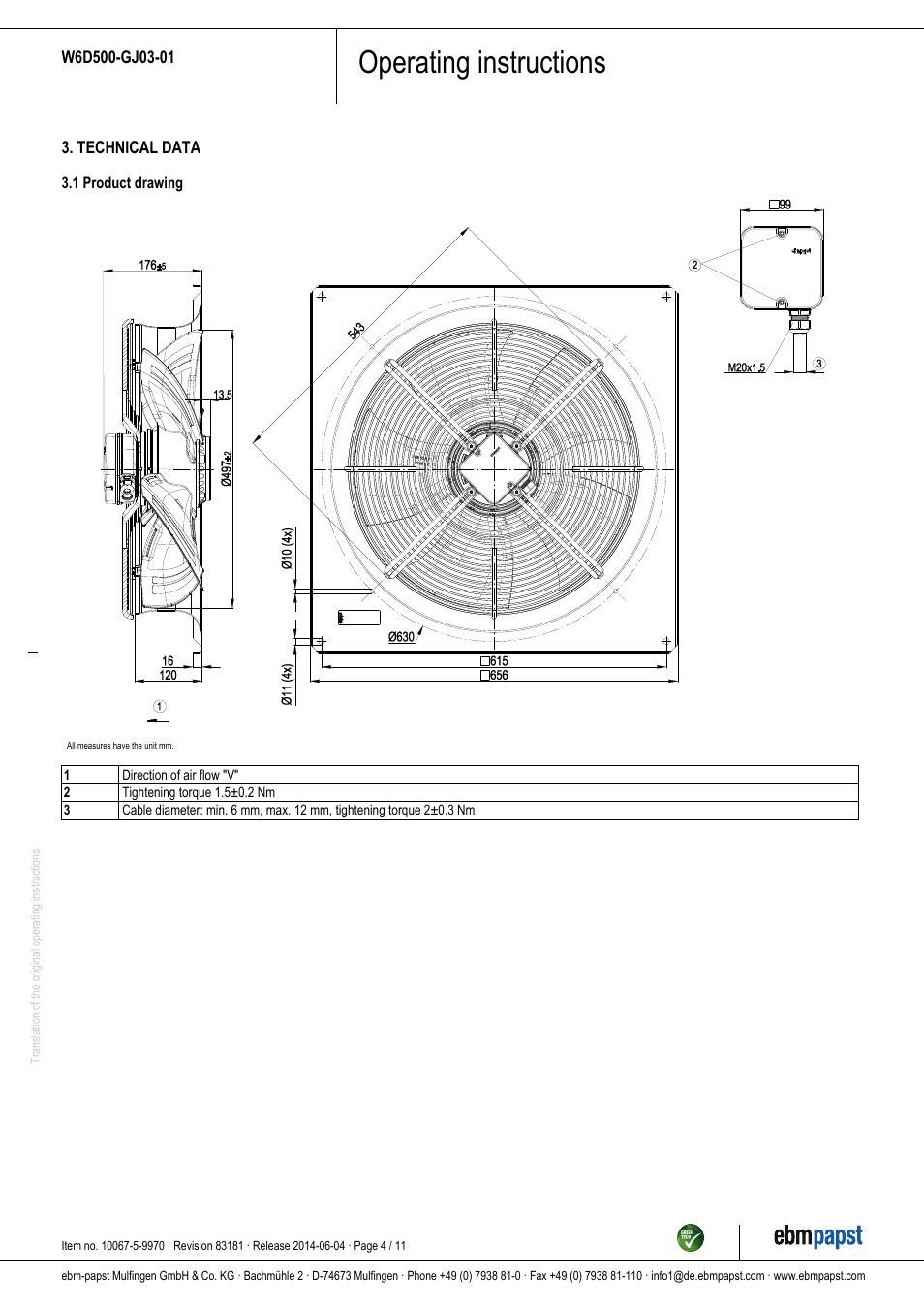 Operating instructions | ebm-papst W6D500-GJ03-01 User Manual | Page 4 / 11