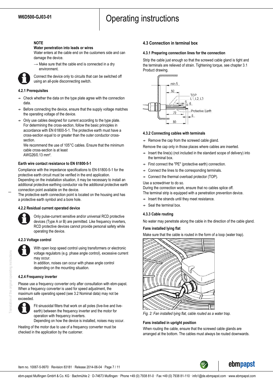 Operating instructions | ebm-papst W6D500-GJ03-01 User Manual | Page 7 / 11