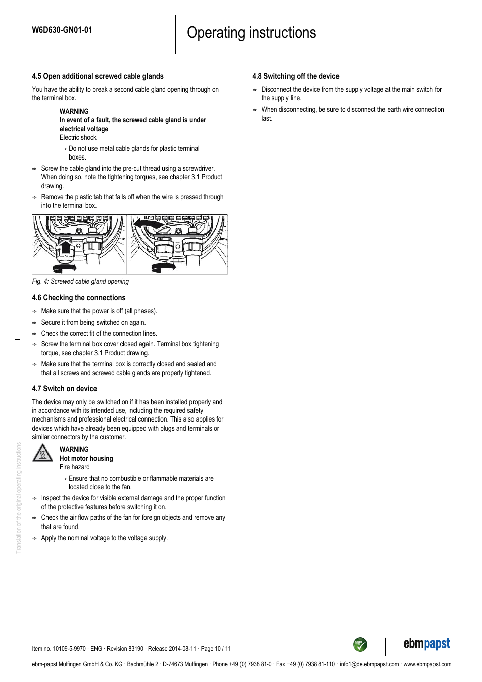 Operating instructions | ebm-papst W6D630-GN01-01 User Manual | Page 10 / 11