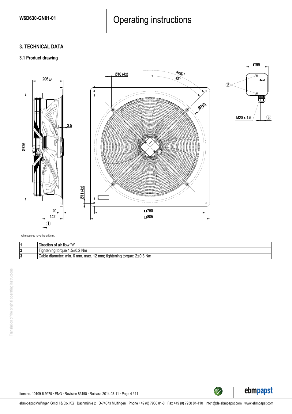 Operating instructions | ebm-papst W6D630-GN01-01 User Manual | Page 4 / 11
