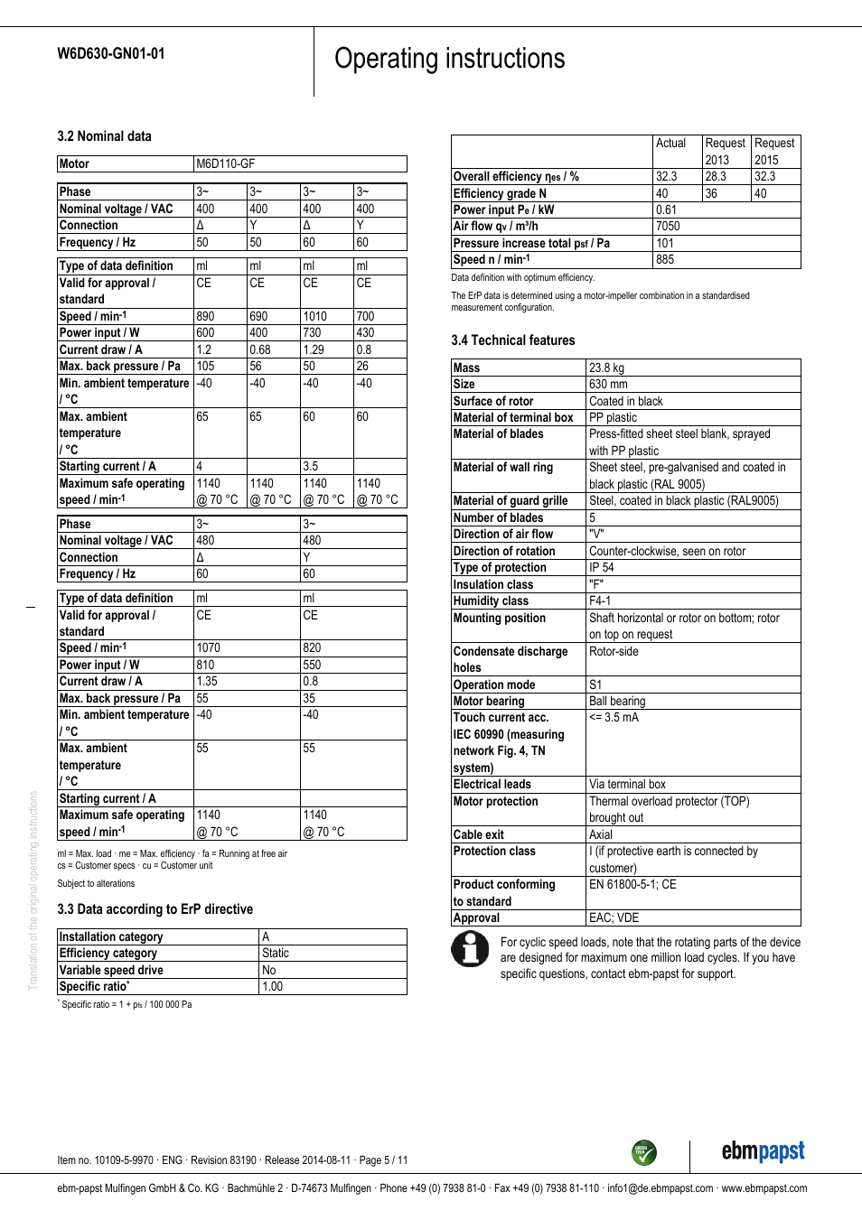 Operating instructions | ebm-papst W6D630-GN01-01 User Manual | Page 5 / 11