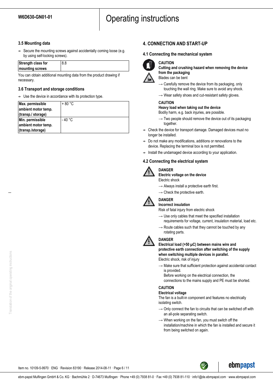 Operating instructions | ebm-papst W6D630-GN01-01 User Manual | Page 6 / 11