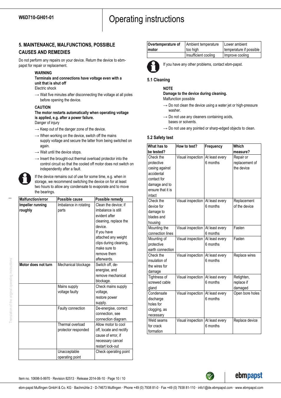Operating instructions | ebm-papst W6D710-GH01-01 User Manual | Page 10 / 10