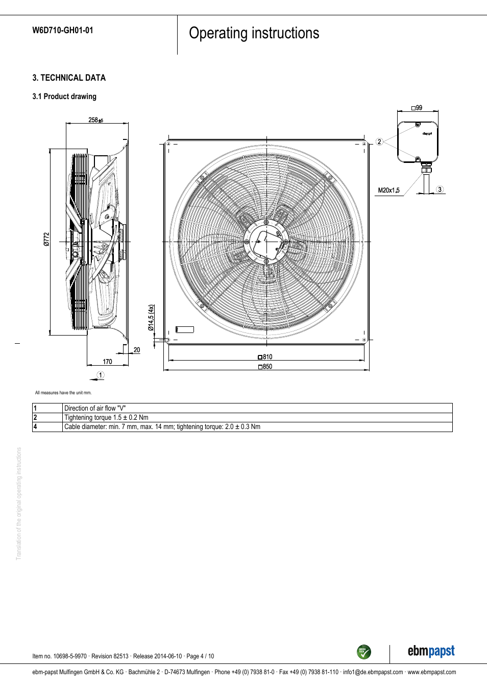 Operating instructions | ebm-papst W6D710-GH01-01 User Manual | Page 4 / 10