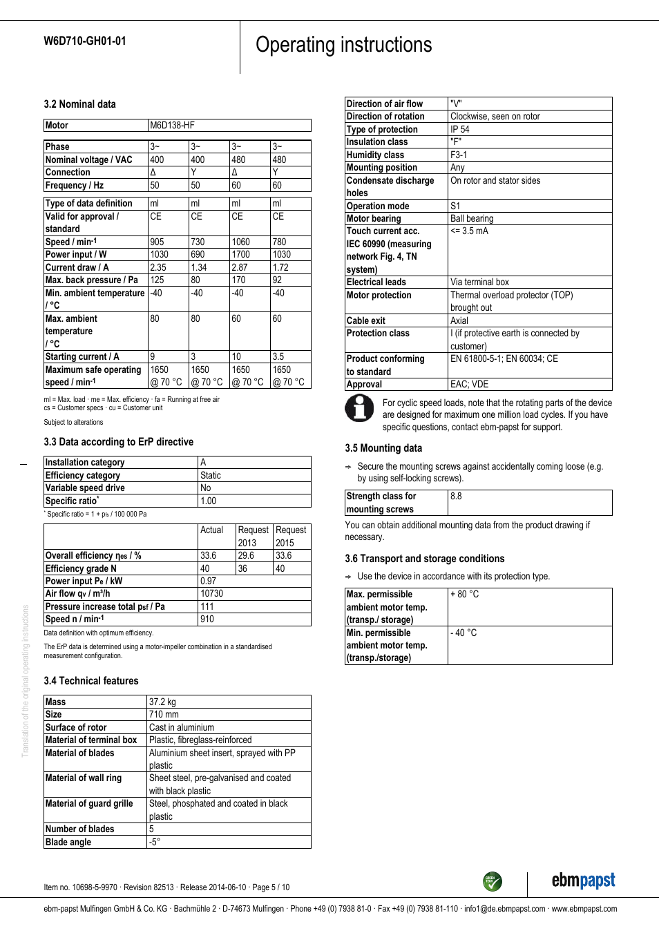 Operating instructions | ebm-papst W6D710-GH01-01 User Manual | Page 5 / 10