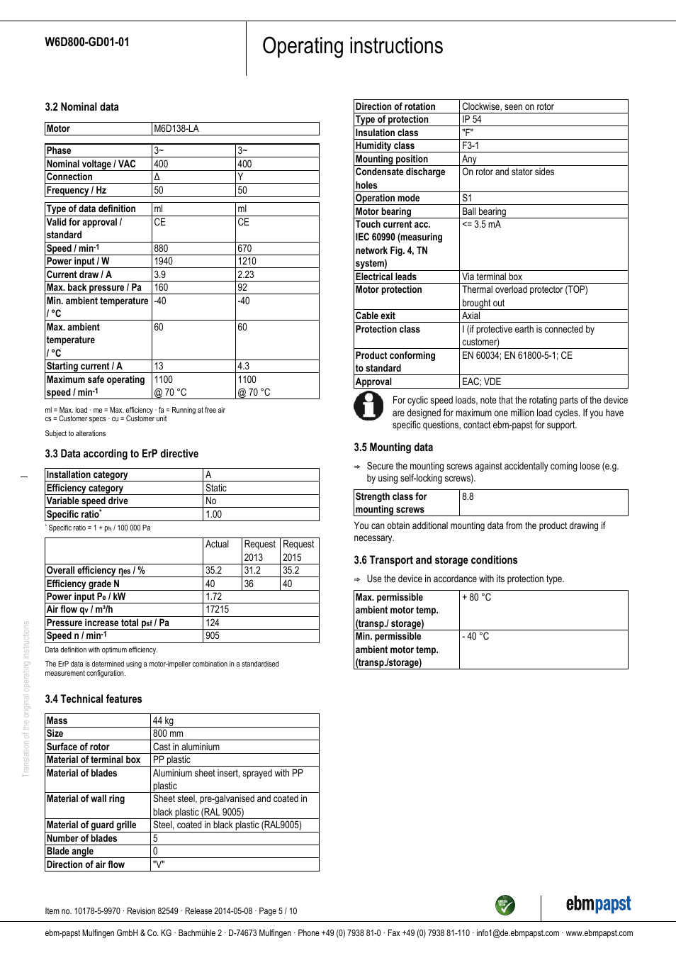 Operating instructions | ebm-papst W6D800-GD01-01 User Manual | Page 5 / 10