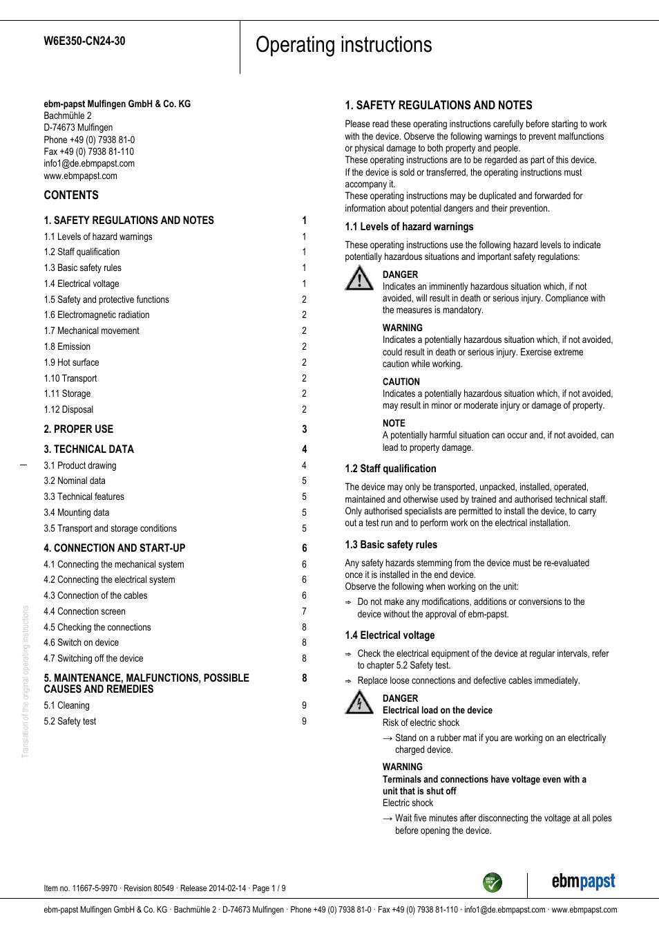 ebm-papst W6E350-CN24-30 User Manual | 9 pages