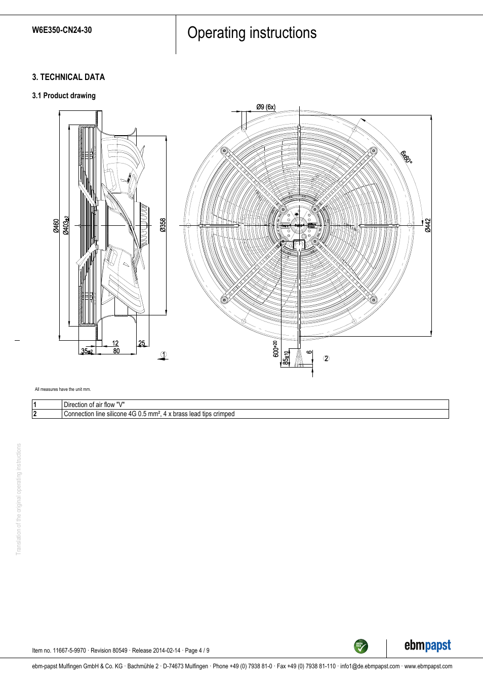 Operating instructions | ebm-papst W6E350-CN24-30 User Manual | Page 4 / 9