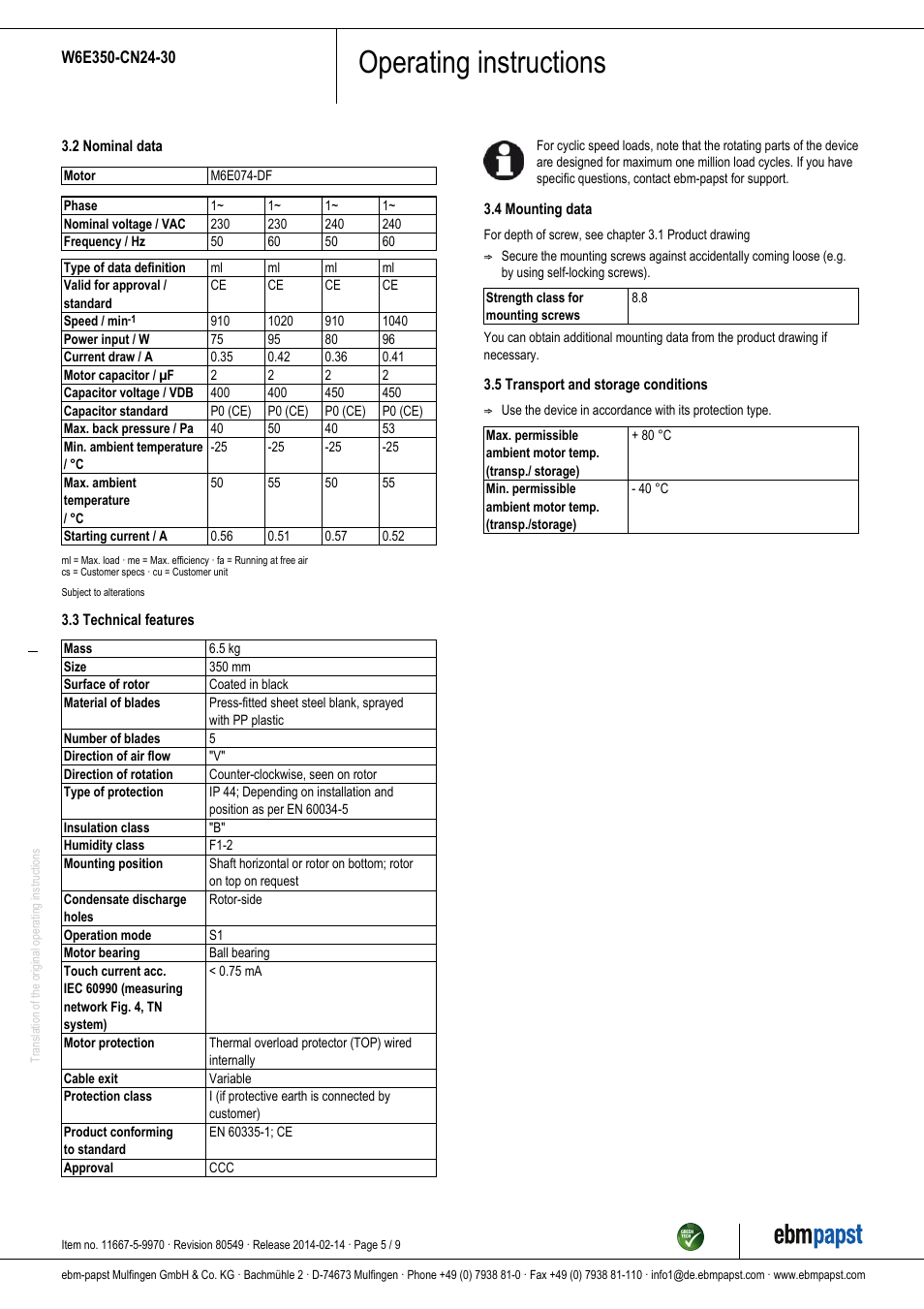 Operating instructions | ebm-papst W6E350-CN24-30 User Manual | Page 5 / 9