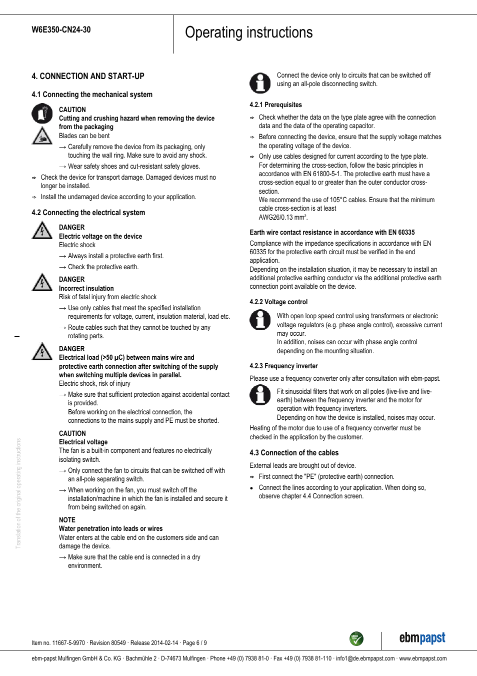 Operating instructions | ebm-papst W6E350-CN24-30 User Manual | Page 6 / 9