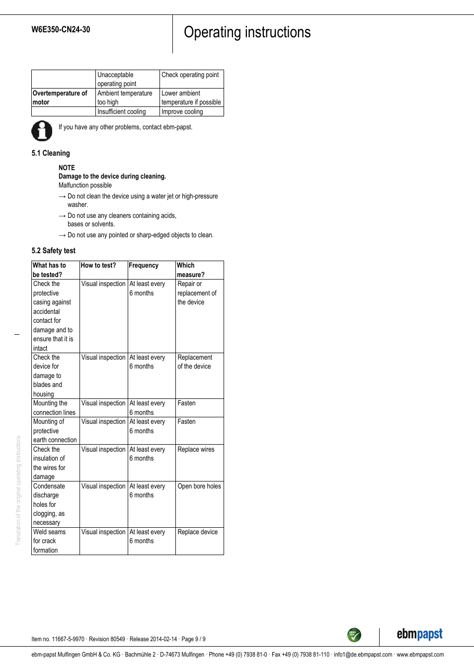Operating instructions | ebm-papst W6E350-CN24-30 User Manual | Page 9 / 9