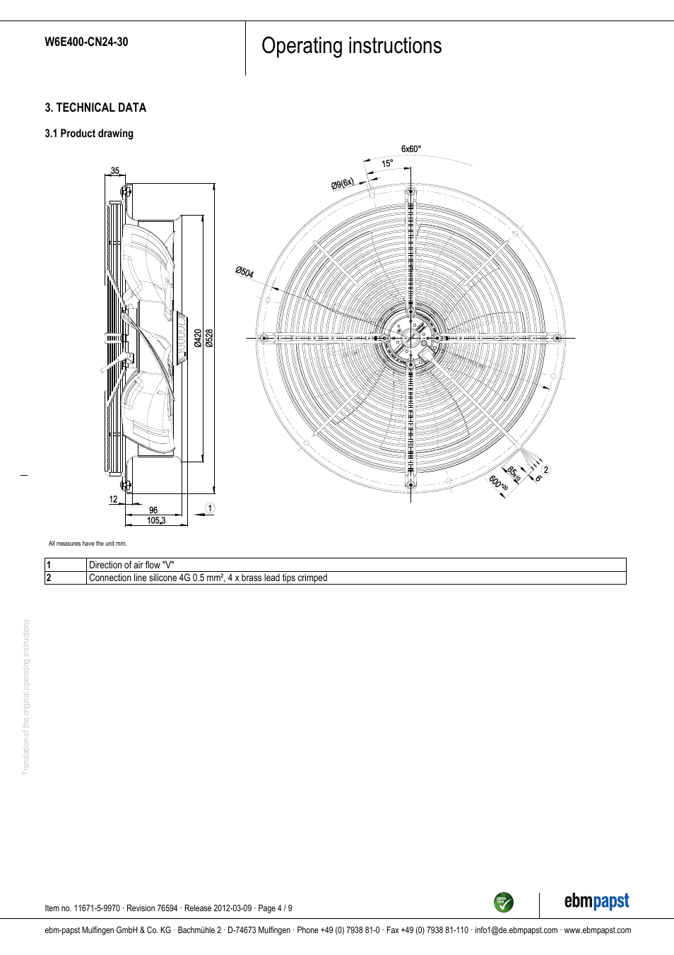 Operating instructions | ebm-papst W6E400-CN24-30 User Manual | Page 4 / 9