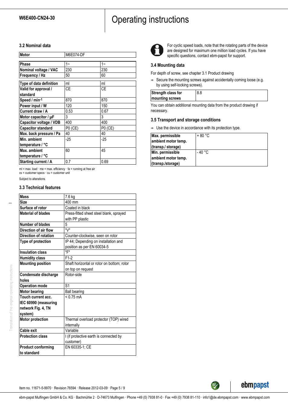 Operating instructions | ebm-papst W6E400-CN24-30 User Manual | Page 5 / 9
