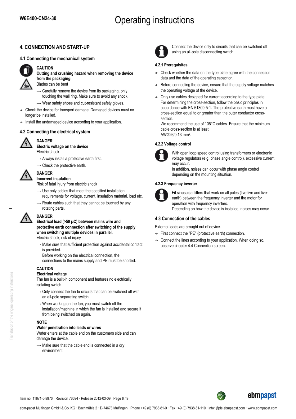 Operating instructions | ebm-papst W6E400-CN24-30 User Manual | Page 6 / 9