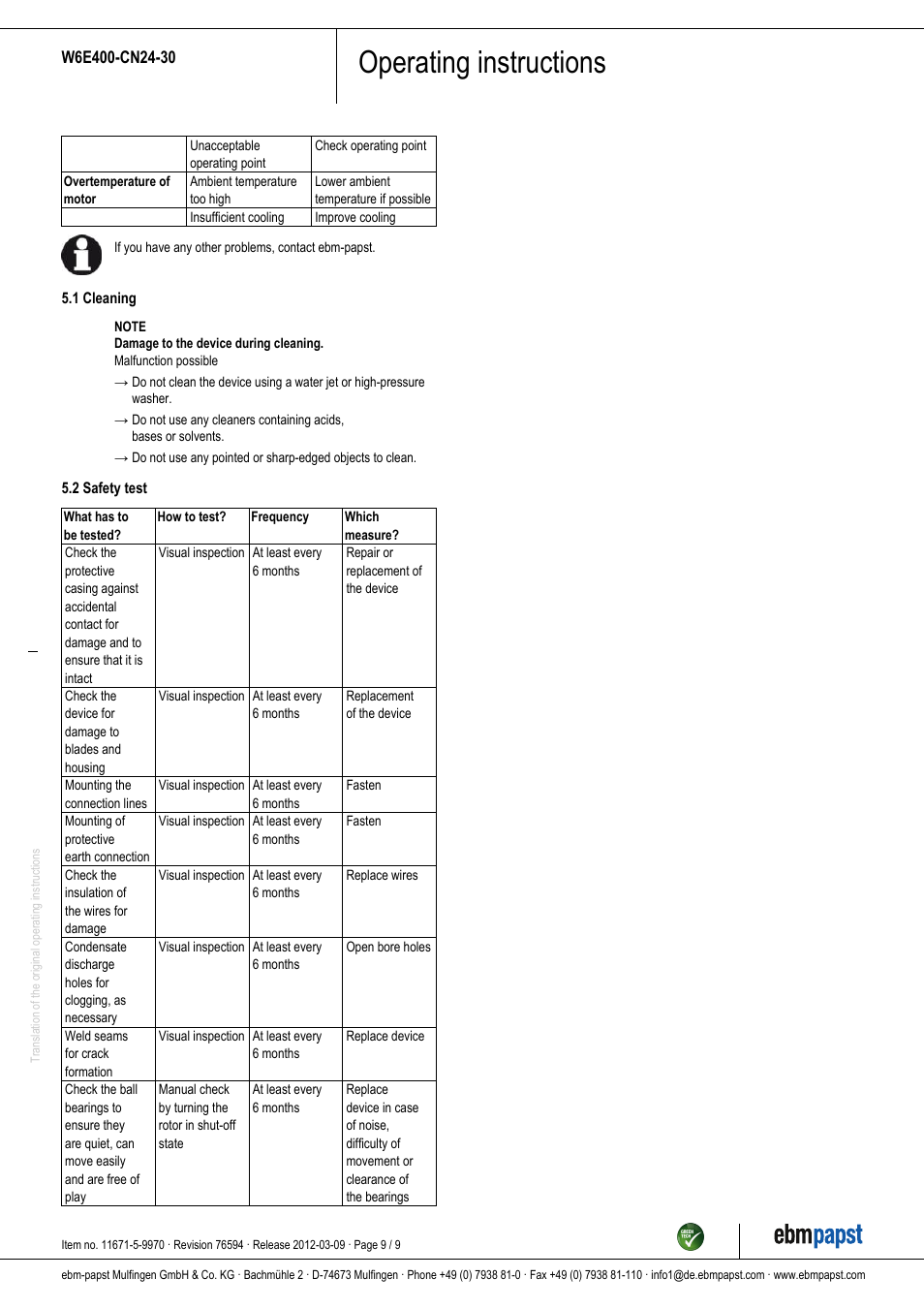 Operating instructions | ebm-papst W6E400-CN24-30 User Manual | Page 9 / 9