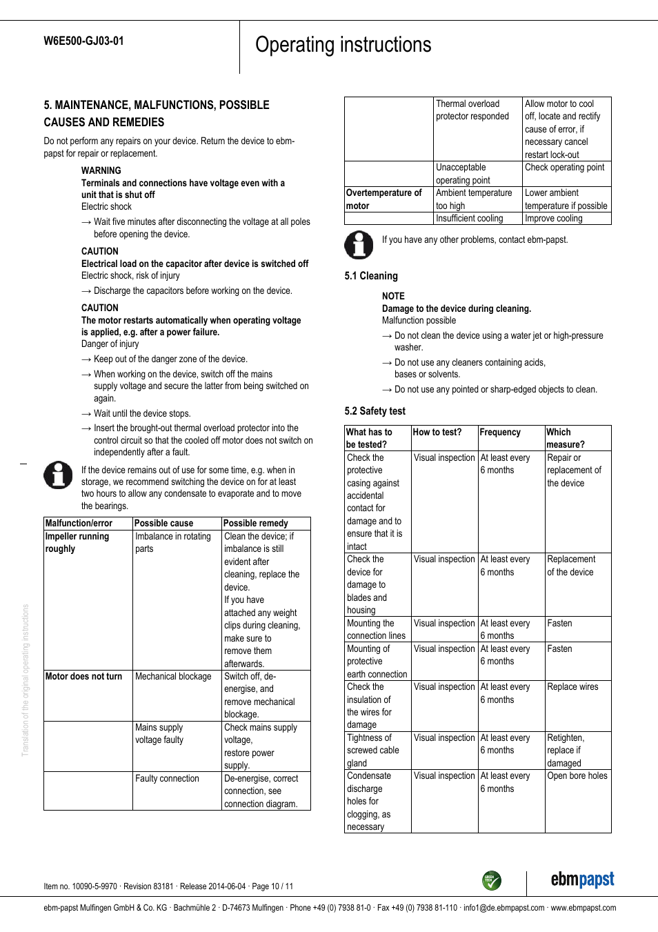 Operating instructions | ebm-papst W6E500-GJ03-01 User Manual | Page 10 / 11