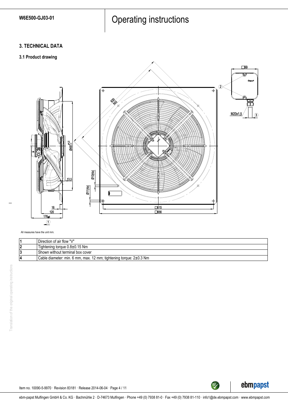 Operating instructions | ebm-papst W6E500-GJ03-01 User Manual | Page 4 / 11