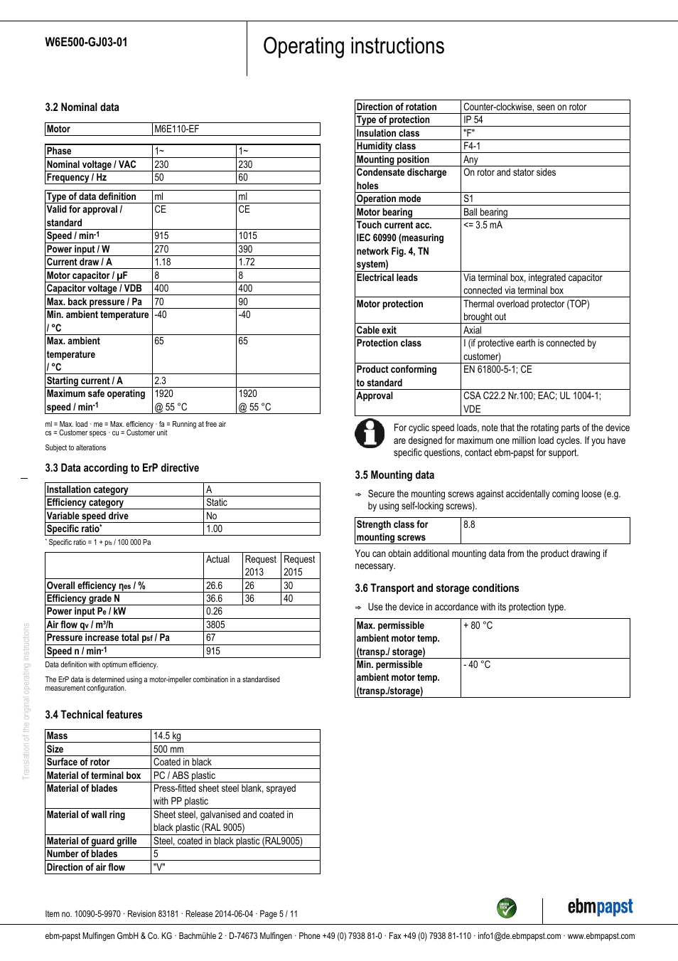 Operating instructions | ebm-papst W6E500-GJ03-01 User Manual | Page 5 / 11