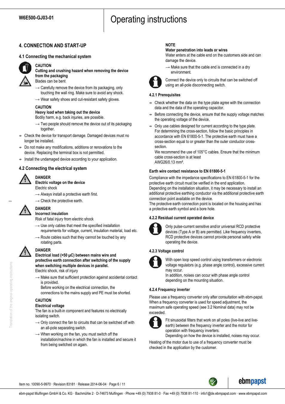 Operating instructions | ebm-papst W6E500-GJ03-01 User Manual | Page 6 / 11