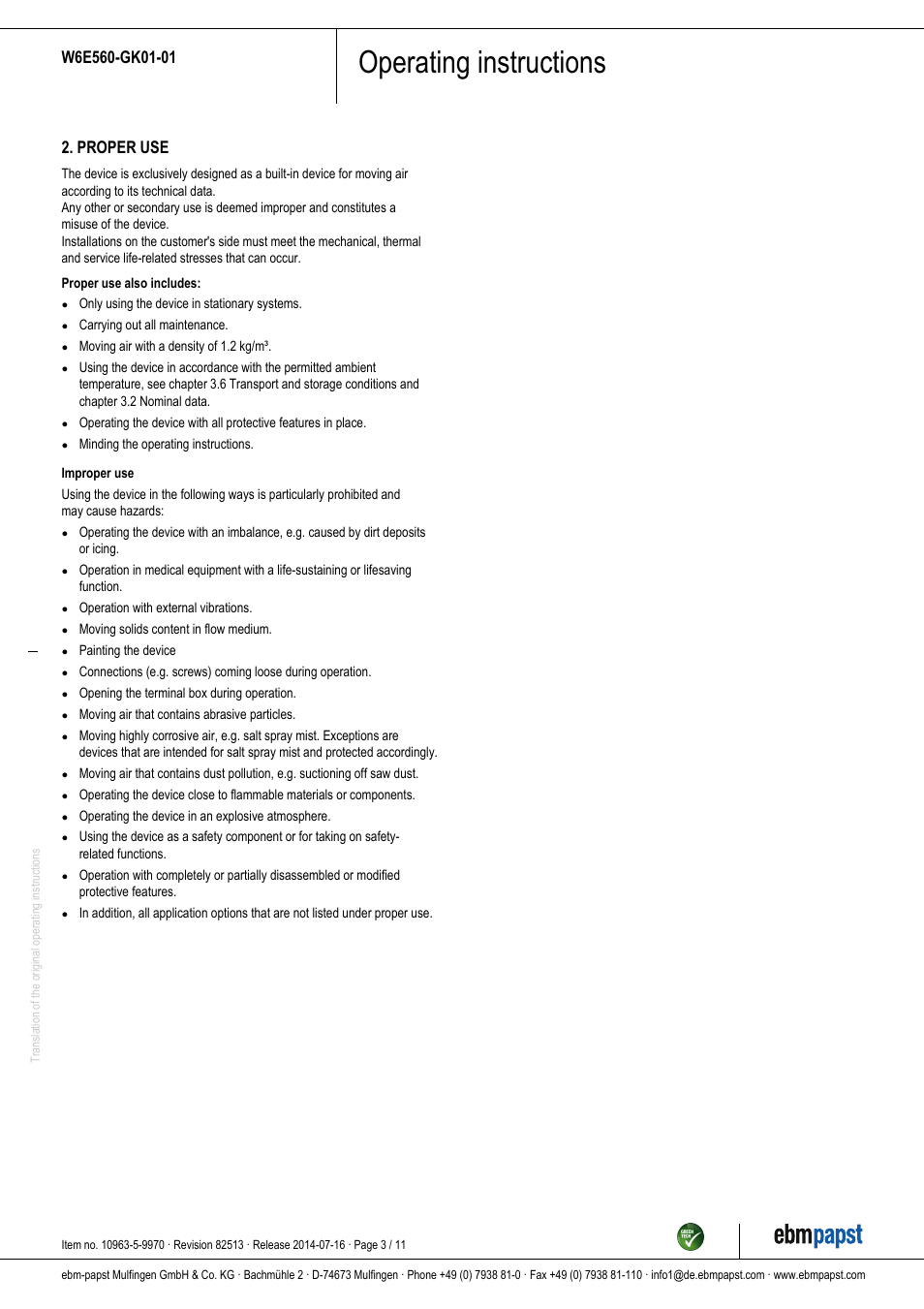 Operating instructions, Proper use | ebm-papst W6E560-GK01-01 User Manual | Page 3 / 11