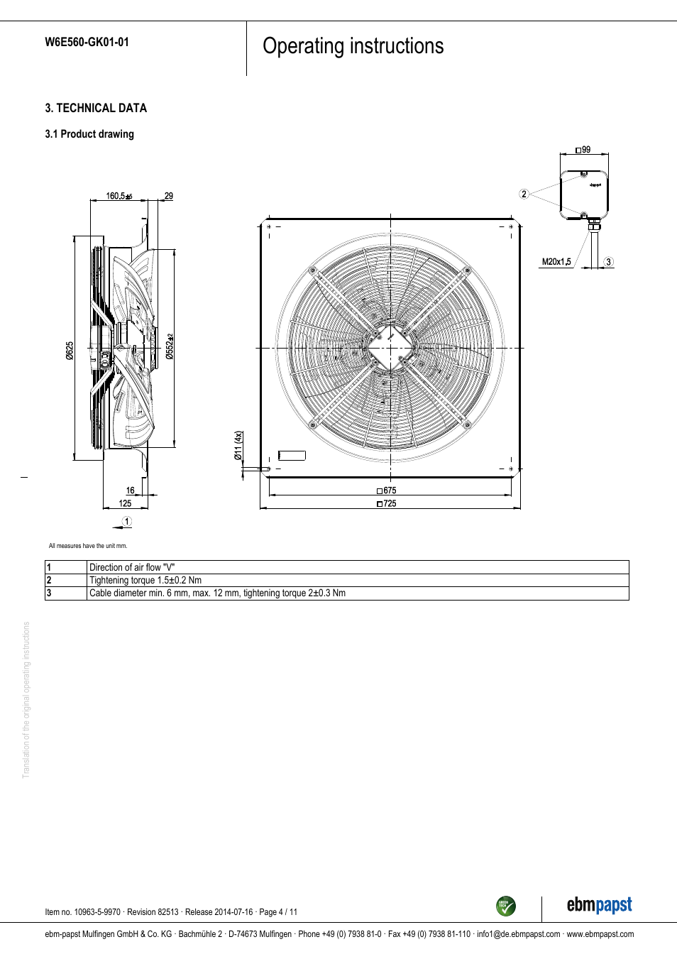 Operating instructions | ebm-papst W6E560-GK01-01 User Manual | Page 4 / 11