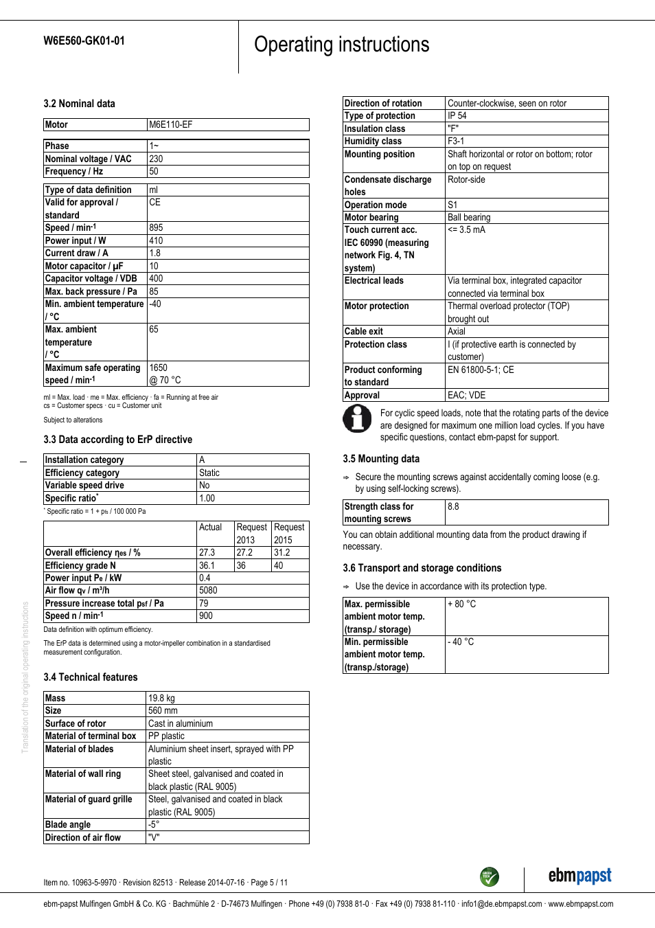 Operating instructions | ebm-papst W6E560-GK01-01 User Manual | Page 5 / 11