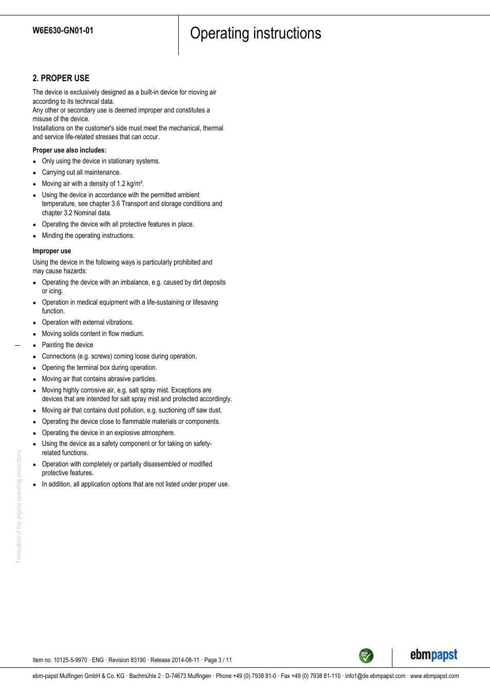 Operating instructions, Proper use | ebm-papst W6E630-GN01-01 User Manual | Page 3 / 11