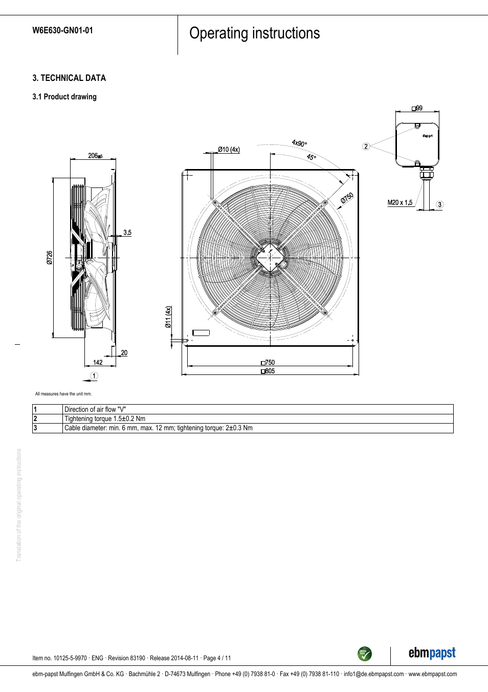Operating instructions | ebm-papst W6E630-GN01-01 User Manual | Page 4 / 11