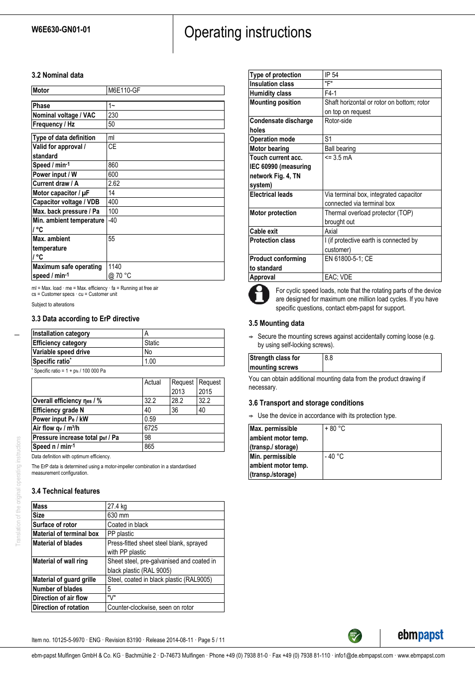 Operating instructions | ebm-papst W6E630-GN01-01 User Manual | Page 5 / 11