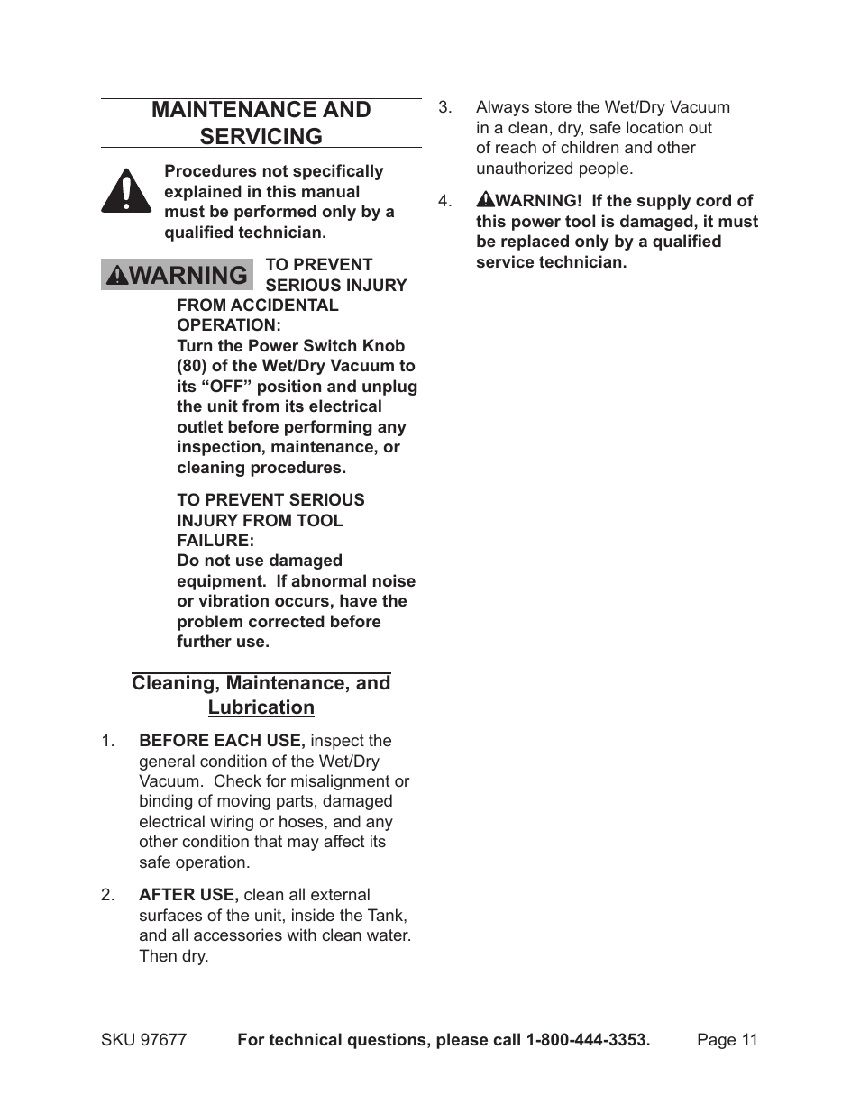 Warning, Maintenance and servicing | Chicago Electric 97677 User Manual | Page 11 / 15