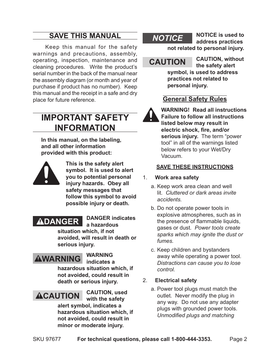 Important safety information, Danger warning caution notice caution, Save this manual | Chicago Electric 97677 User Manual | Page 2 / 15