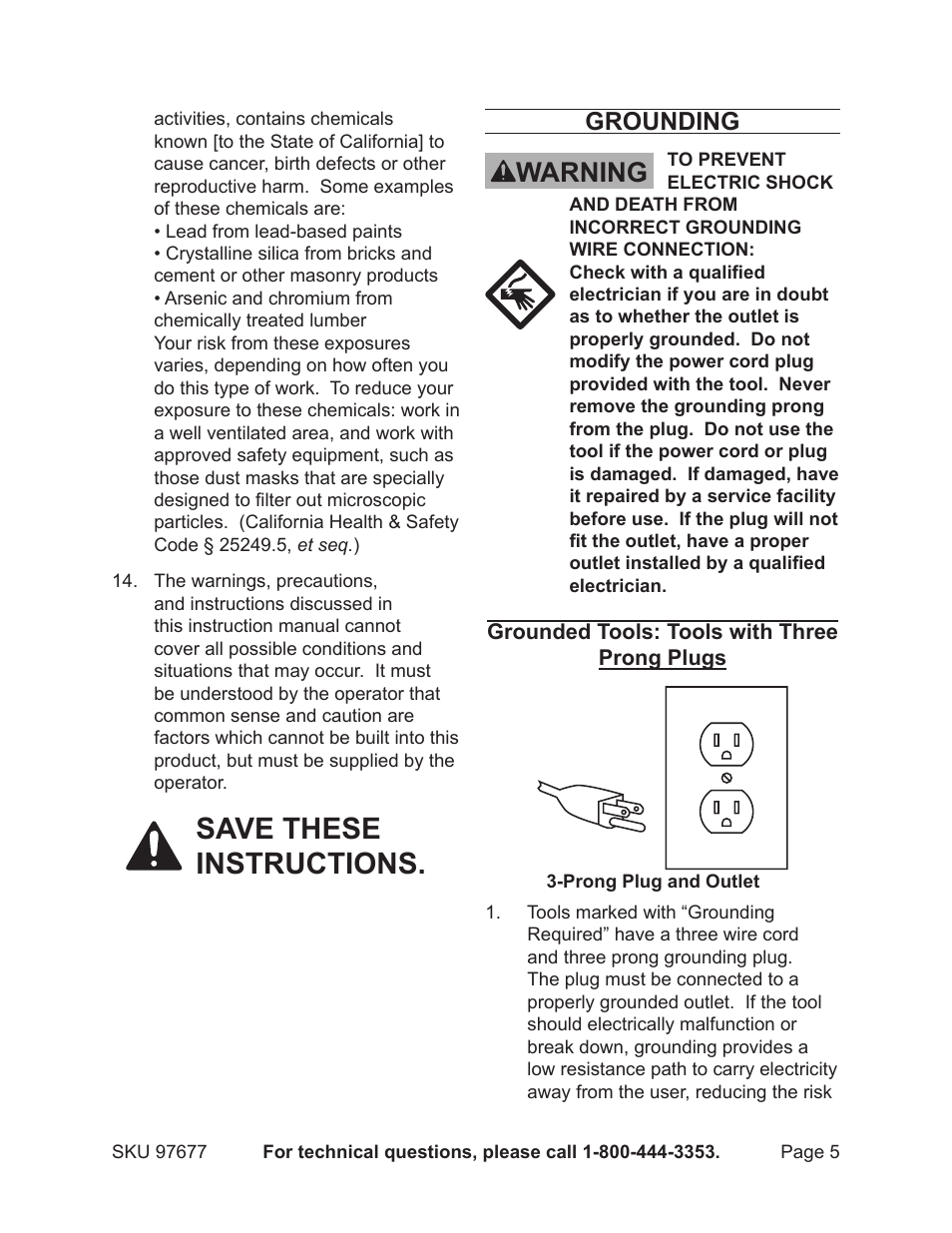 Save these instructions, Warning, Grounding | Chicago Electric 97677 User Manual | Page 5 / 15