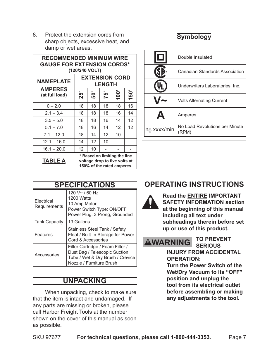 Warning, Specifications, Unpacking | Operating instructions, Symbology | Chicago Electric 97677 User Manual | Page 7 / 15