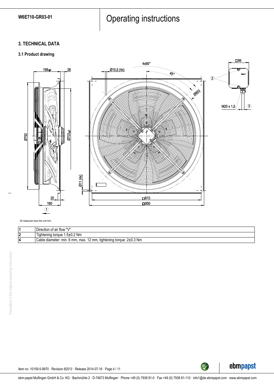 Operating instructions | ebm-papst W6E710-GR03-01 User Manual | Page 4 / 11