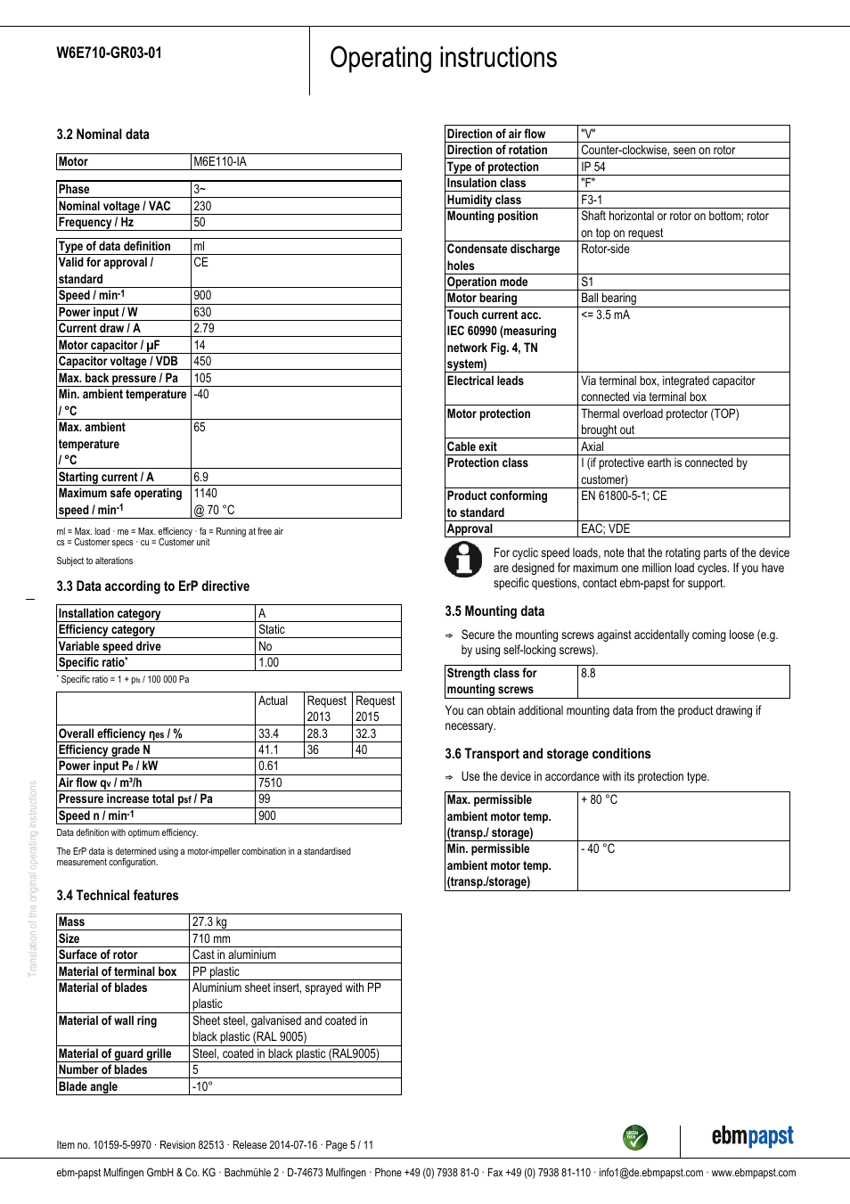 Operating instructions | ebm-papst W6E710-GR03-01 User Manual | Page 5 / 11