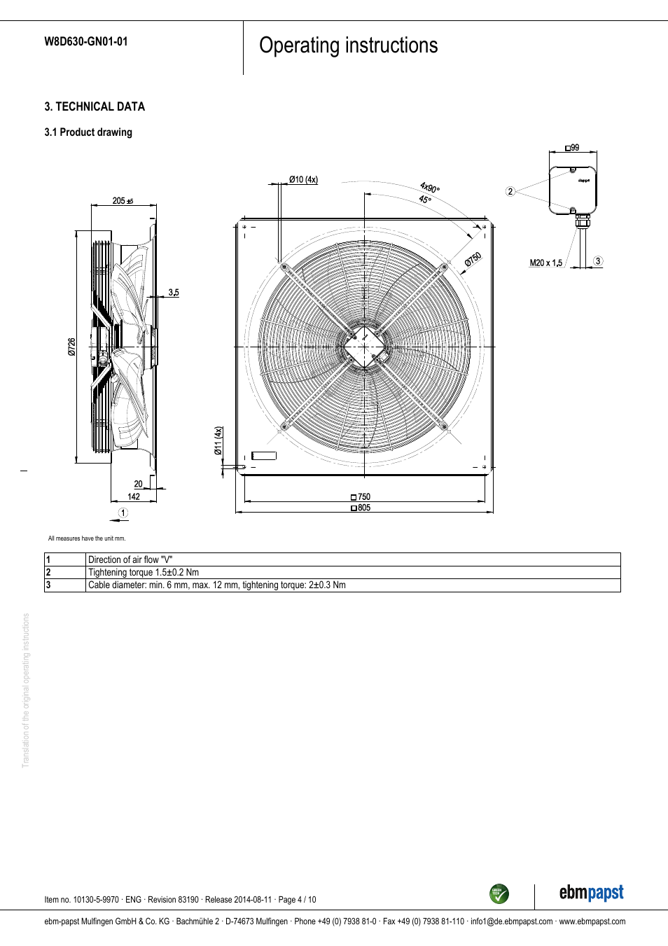 Operating instructions | ebm-papst W8D630-GN01-01 User Manual | Page 4 / 10