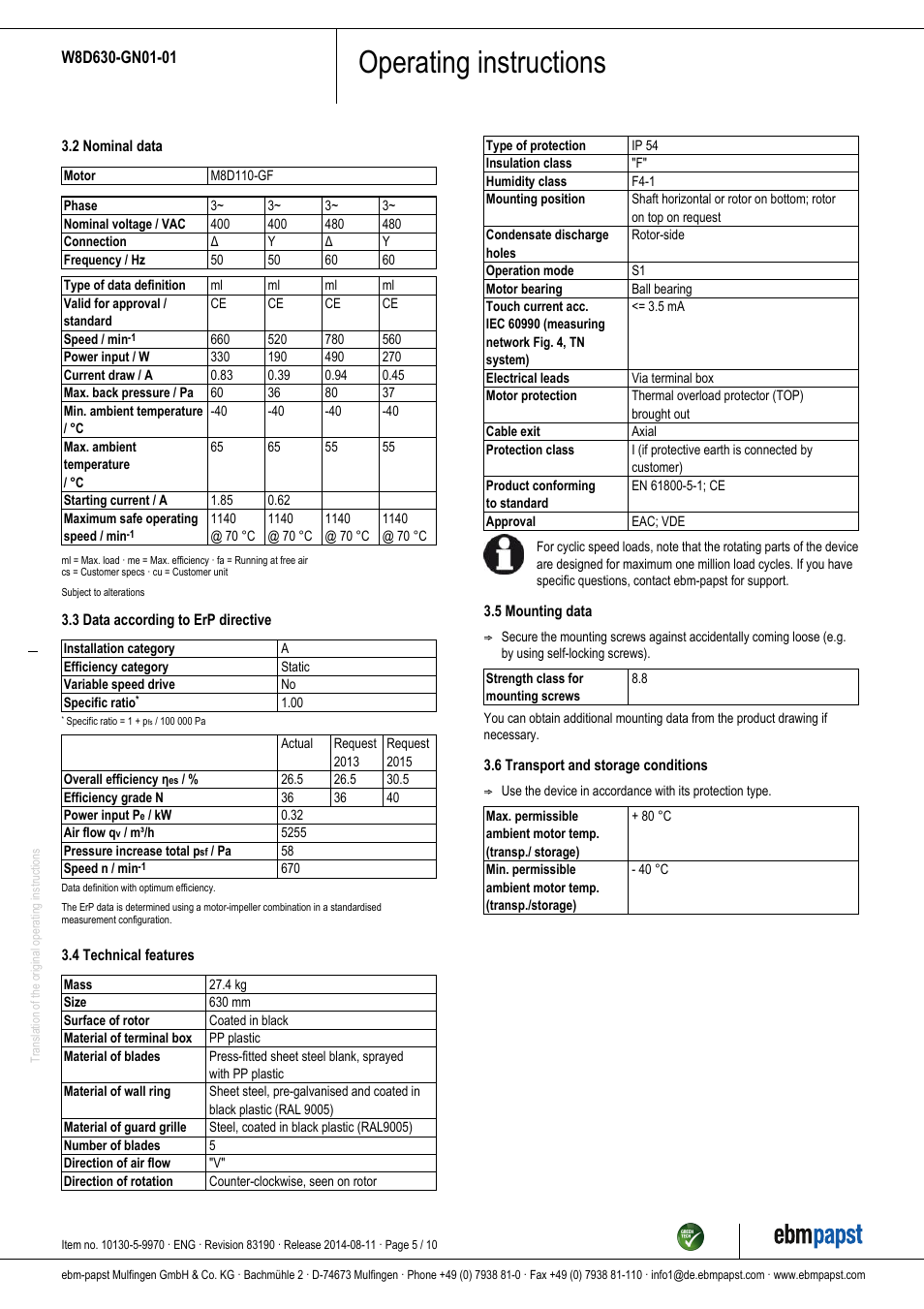 Operating instructions | ebm-papst W8D630-GN01-01 User Manual | Page 5 / 10