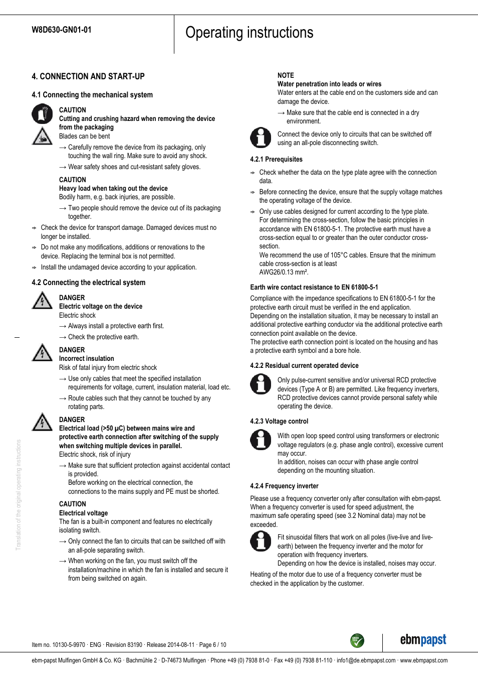 Operating instructions | ebm-papst W8D630-GN01-01 User Manual | Page 6 / 10