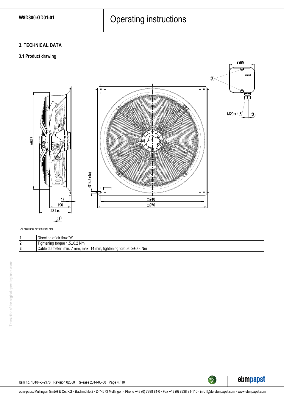 Operating instructions | ebm-papst W8D800-GD01-01 User Manual | Page 4 / 10