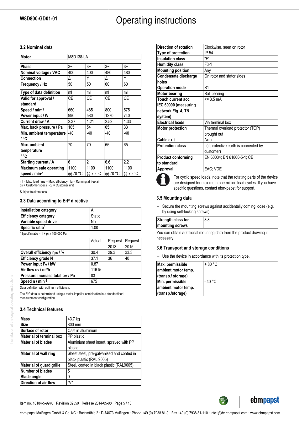 Operating instructions | ebm-papst W8D800-GD01-01 User Manual | Page 5 / 10
