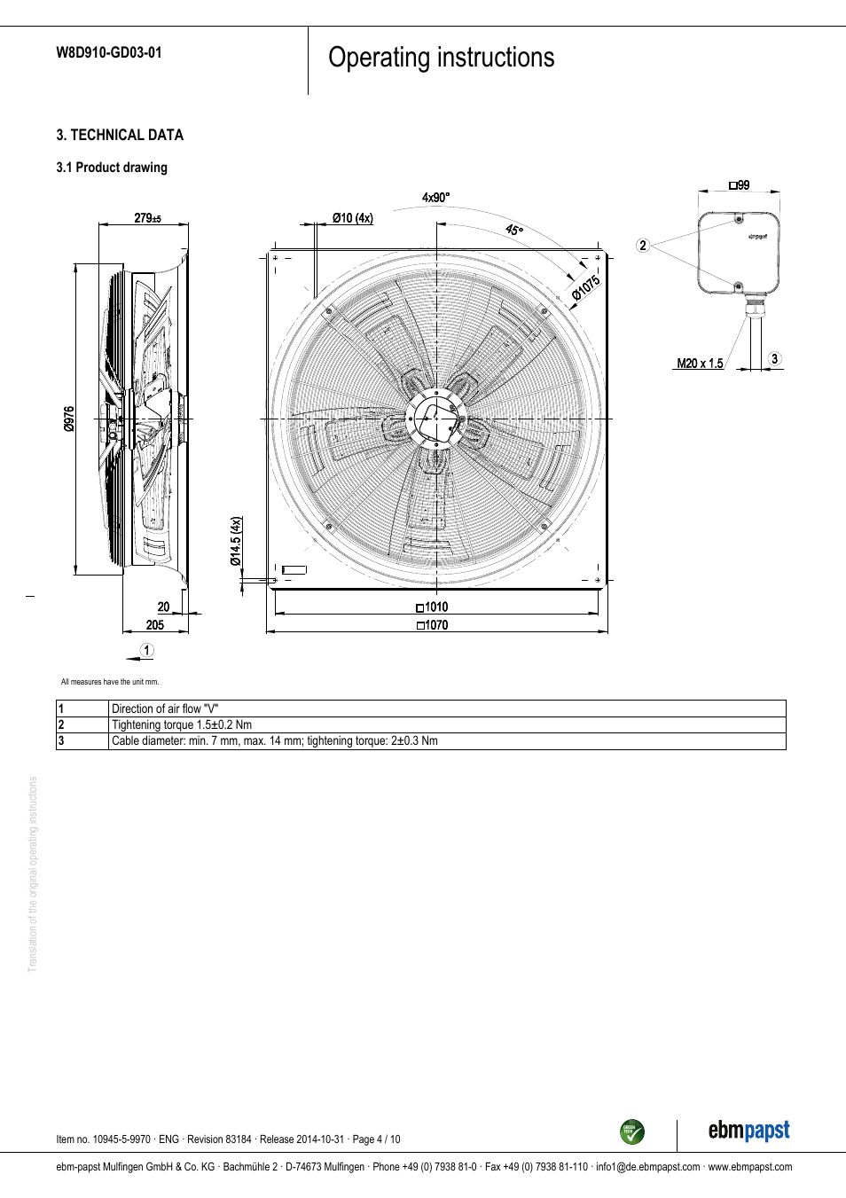 Operating instructions | ebm-papst W8D910-GD03-01 User Manual | Page 4 / 10