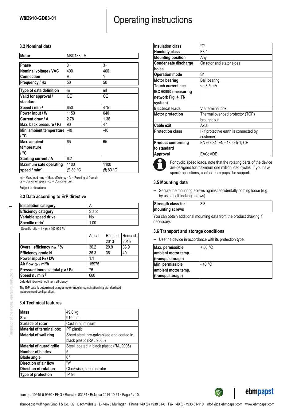 Operating instructions | ebm-papst W8D910-GD03-01 User Manual | Page 5 / 10