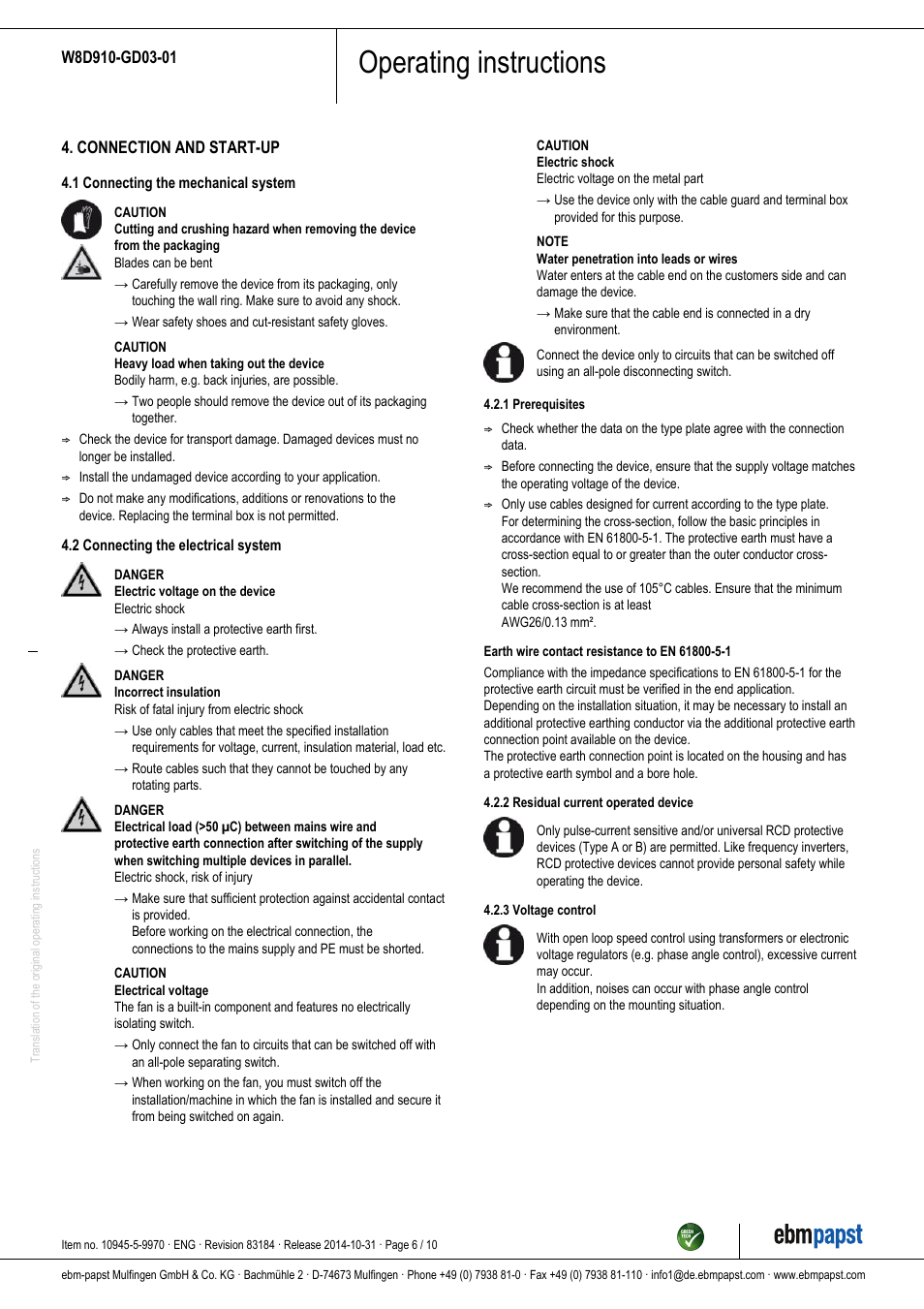 Operating instructions | ebm-papst W8D910-GD03-01 User Manual | Page 6 / 10