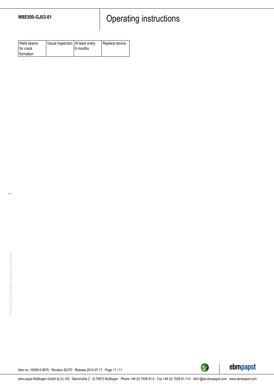 Operating instructions | ebm-papst W8E500-GJ03-01 User Manual | Page 11 / 11