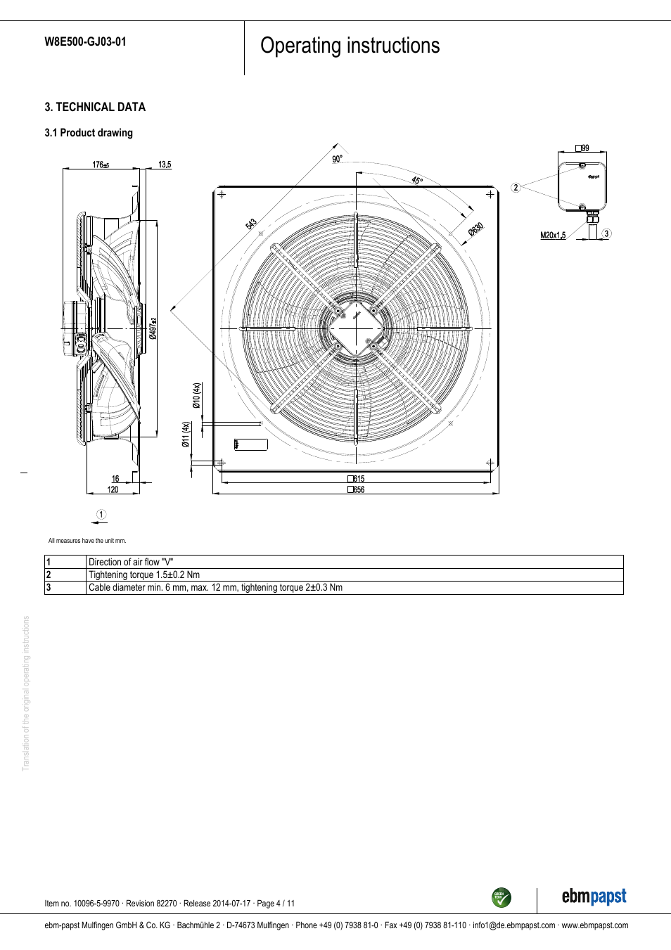 Operating instructions | ebm-papst W8E500-GJ03-01 User Manual | Page 4 / 11